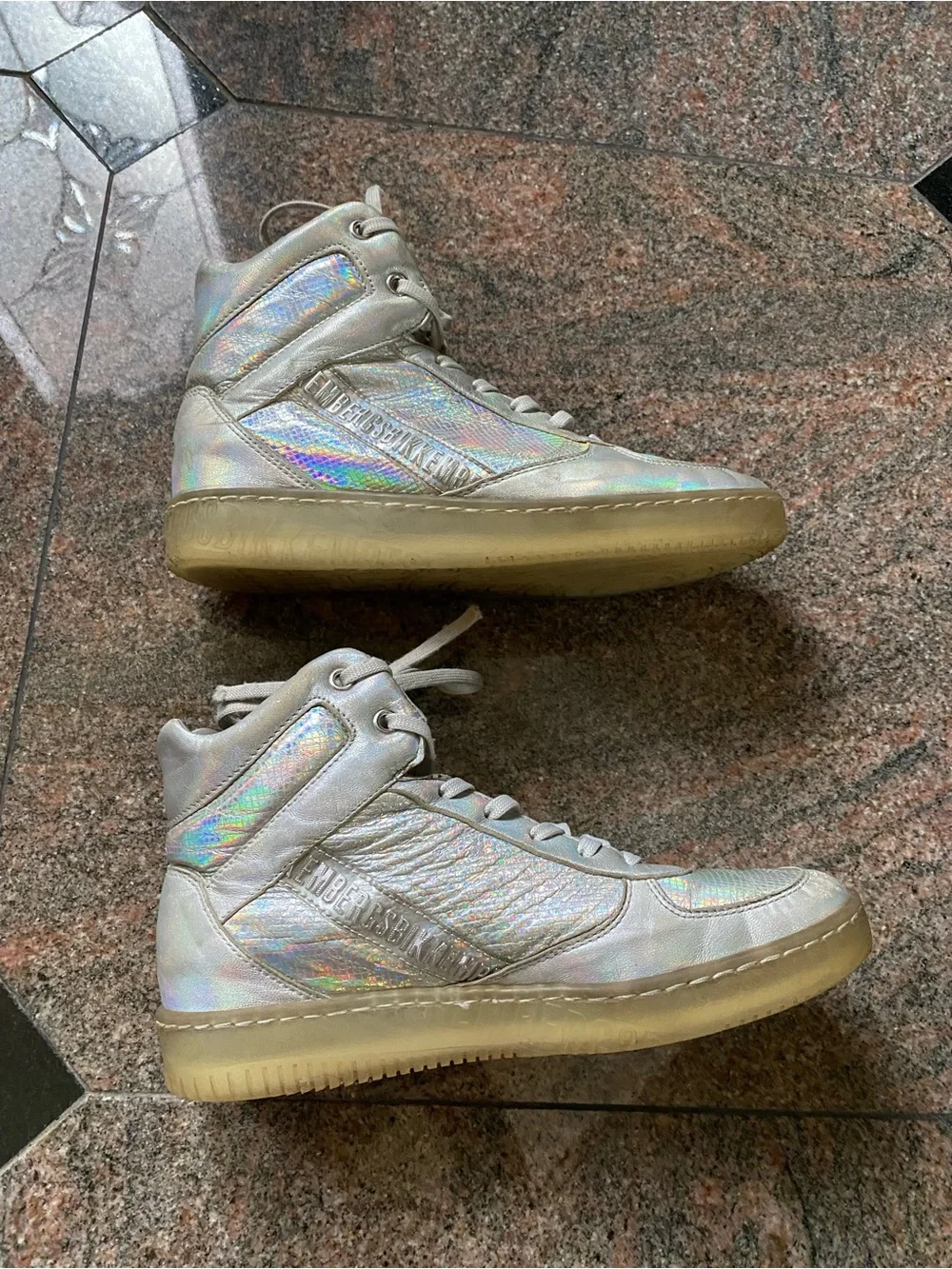 Bikkembergs Silver Holographic High-Top Leather Sneakers, Size 7